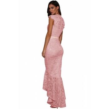Pink Lace Overlay Embroidered Mermaid Dress